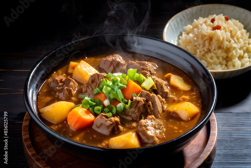 Rustic homemade beef stew and garden veggies, garnished with green onions, and aromatic rice, hearty comfort food