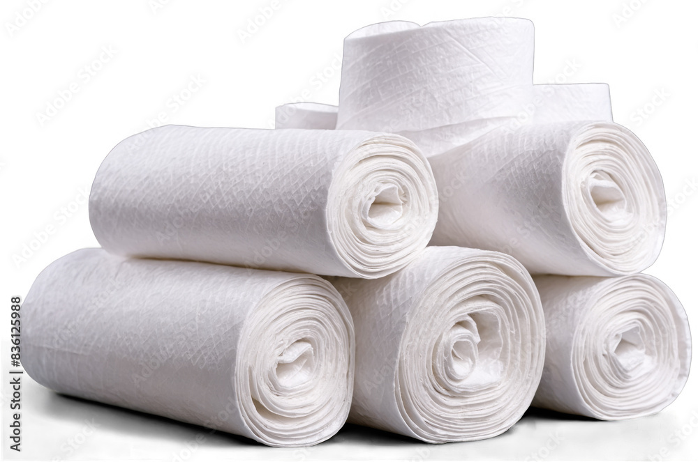Neatly rolled white fabric towels isolated, providing a clean png image on a white background ideal for a transparent look