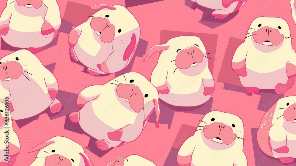 a pattern of cute cartoon walruses, square-box flying messengers, enchanted anime creatures, lighthearted anime art a pattern of cute cartoon walruses, square-box flying messengers, enchanted anime creatures, lighthearted anime art