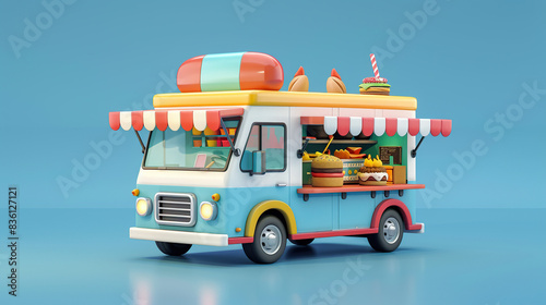 3d cartoon food truck selling delicious treats on isolate blue color background