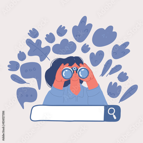 Cartoon vector illustration of Young woman looking through magnifying glass with blue question marks and search bar. Concept of business metaphor for search or research, development, web surfing.