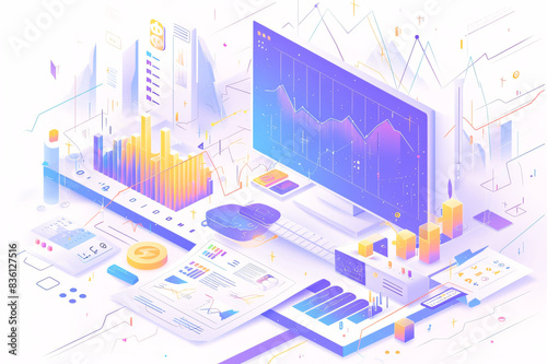 A colorful, isometric illustration of a financial workstation with multiple screens displaying various financial charts and data, highlighting advanced financial analytics