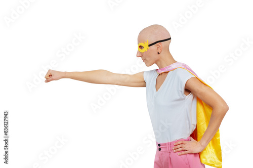 Person posing as a superhero with cape and mask