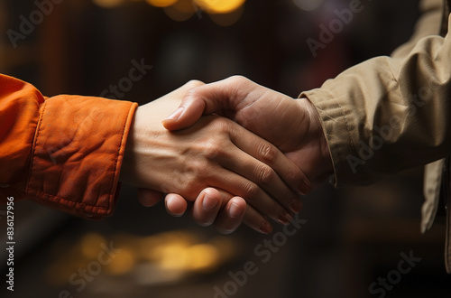 Shaking hand by two people on blurred background, a symbol of agreement and a successful negotiation © khozainuz