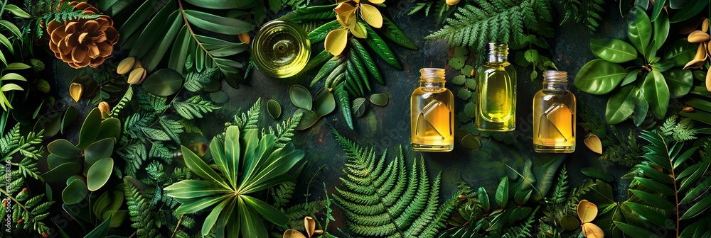 Close-up of three glass bottles containing plant oils and extracts surrounded by fresh green leaves. Generative AI Close-up of three glass bottles containing plant oils and extracts surrounded by fresh green leaves. Generative AI
