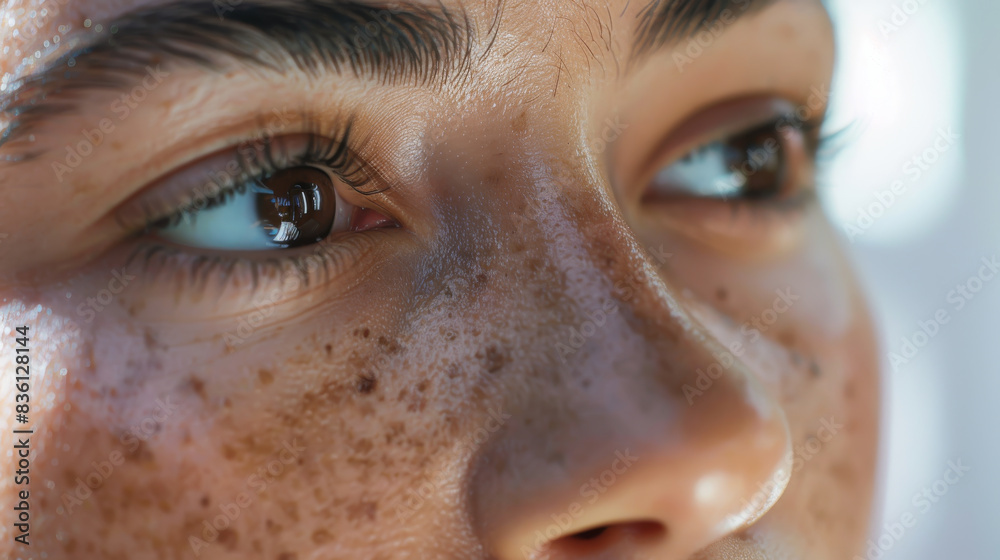 A woman with brown eyes and a nose with a few freckles A woman with brown eyes and a nose with a few freckles