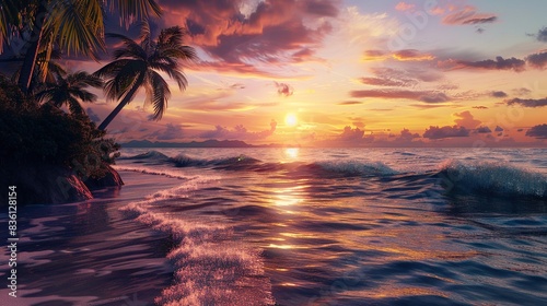 I imagined an image of a stunning sunset over the sea, casting a warm orange glow over the beach Palm trees silhouette against the colorful sky, creating a beautiful tropical evening scene