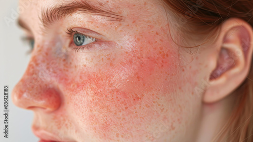 A woman with red skin and blue eyes