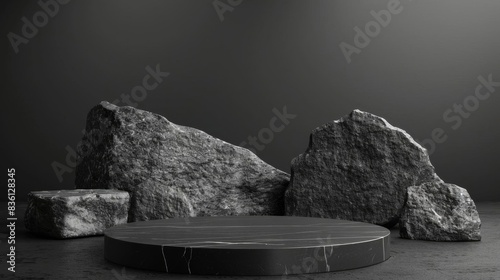 Minimalist black marble podium with large rocks in a dark, moody setting. Perfect for showcasing products or as background imagery.