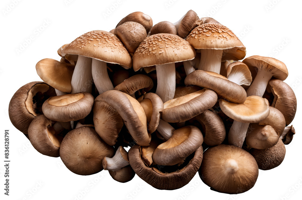 A dense cluster of brown mushrooms presented isolated on a white background, png, suitable for transparency A dense cluster of brown mushrooms presented isolated on a white background, png, suitable for transparency