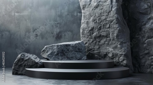 Modern abstract rock podium display with stone texture, showcasing minimalistic design in dark tones. Ideal for product demonstration. photo