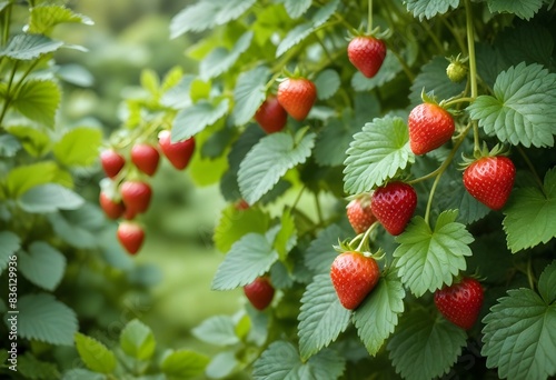 Ripe strawberries growing on a bush with green leaves in the background