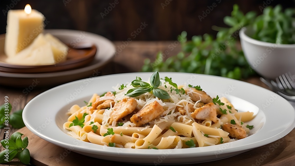 A visually appealing composition featuring a platter of delicious Cajun chicken pasta. The dish is presented on a large white platter, showcasing creamy pasta topped with perfectly cooked, Cajun-spic A visually appealing composition featuring a platter of delicious Cajun chicken pasta. The dish is presented on a large white platter, showcasing creamy pasta topped with perfectly cooked, Cajun-spic