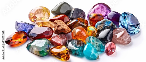 A vibrant assortment of colorful polished gemstones displayed on a white background, showcasing various shapes and sizes.