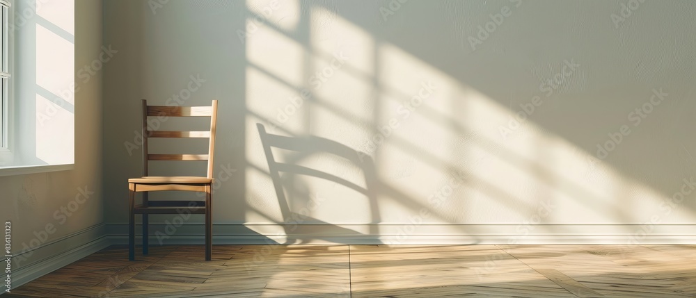 Obraz premium A wooden chair sits alone in a sunlit room, casting a shadow against the wall. Minimalist decor with natural light and empty space.