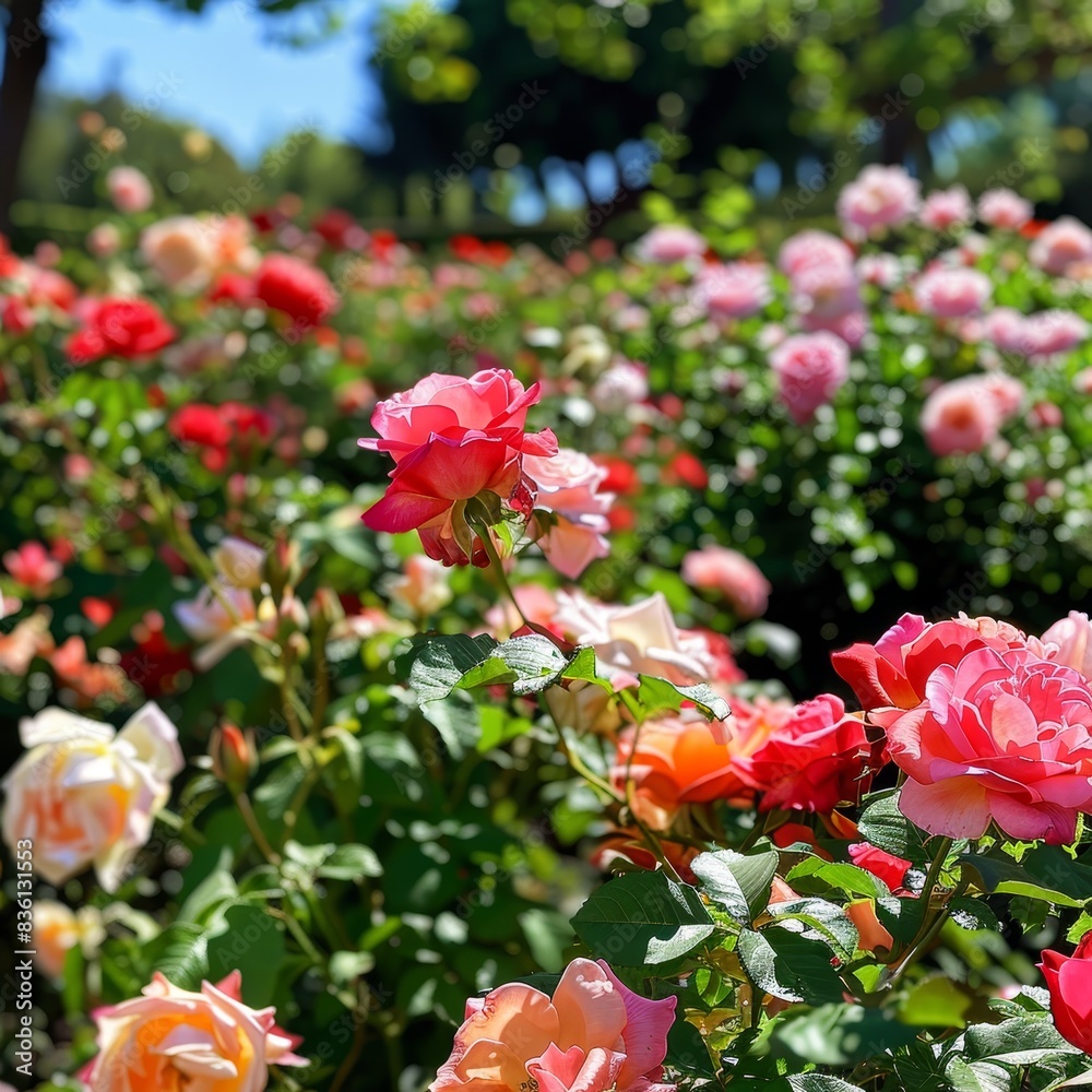 Beautiful garden filled with colorful blooming roses in various shades of pink and red during a sunny day. Beautiful garden filled with colorful blooming roses in various shades of pink and red during a sunny day.