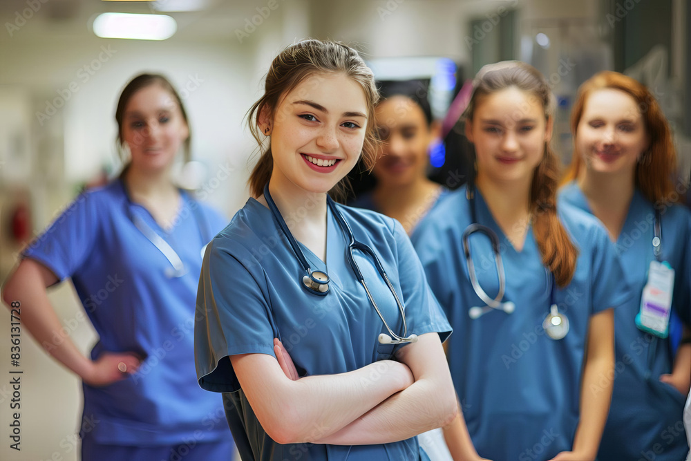 Young nursing student standing with her team in a hospital, dressed in scrubs Young nursing student standing with her team in a hospital, dressed in scrubs