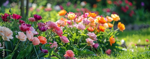 Beautiful garden with colorful tulips in full bloom  showcasing vibrant spring flowers and lush greenery under the warm sunlight.