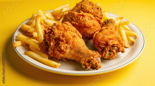 Plate of crispy fried chicken with fries on isolate yellow color background