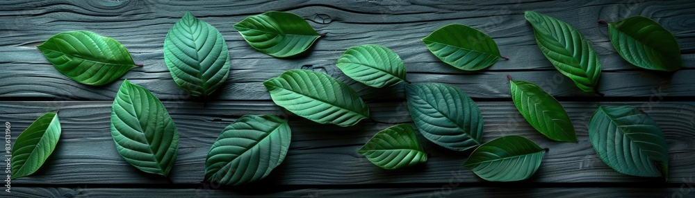 Obraz premium Green leaves laid out on a dark wooden background, creating a natural and fresh look. Ideal for nature-themed designs and backgrounds.