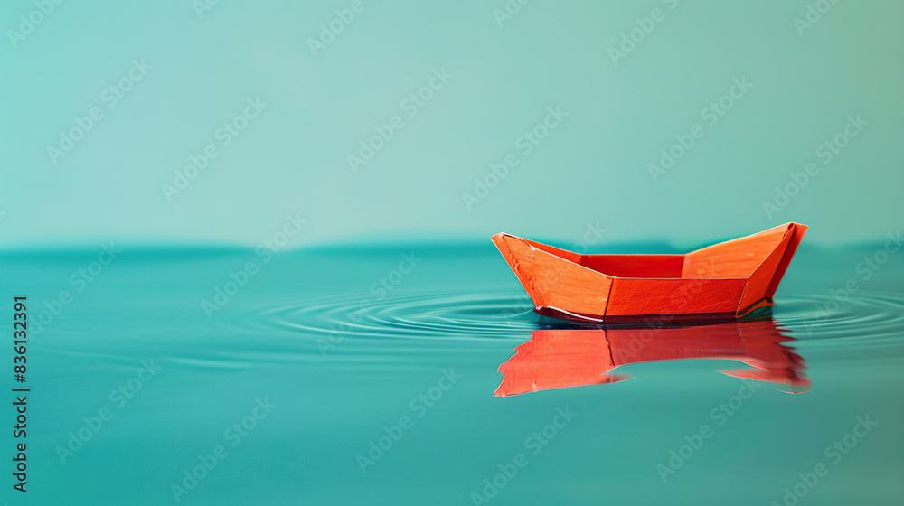 Fototapeta premium Toy orange boat floating on water on isolate blue background