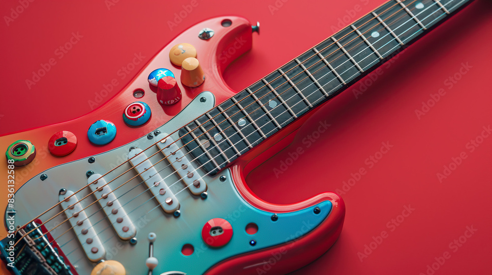 I imagine a close-up image of a red electric guitar against a red background This image focuses on the beauty and detail of the guitar, highlighting its vibrant color and sleek design I imagine a close-up image of a red electric guitar against a red background This image focuses on the beauty and detail of the guitar, highlighting its vibrant color and sleek design