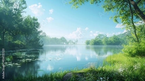 Serene Nature Landscape  Illustrate a serene nature landscape featuring lush greenery  a calm lake  and a clear sky 