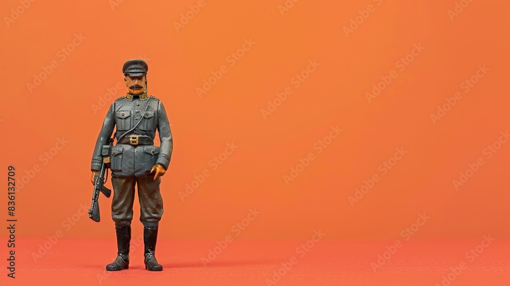 A standing soldier in black uniform, seen from the back, with a gun in the orange background A standing soldier in black uniform, seen from the back, with a gun in the orange background