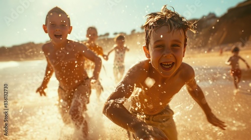 Joyful Children Playing in the Sea Spray on a Sunny Beach