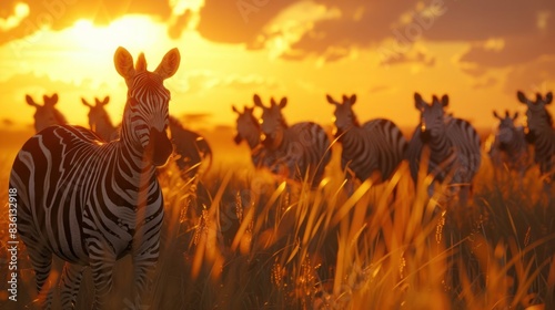 Picturesque Sunset with Zebras Grazing on African Savanna Plains