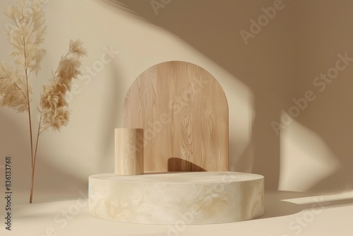 Minimalist composition of wooden stands on a light background.
