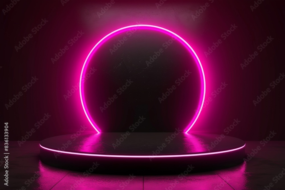Black abstract scene with pink neon circle for cosmetic product presentation in neon party style. Black abstract scene with pink neon circle for cosmetic product presentation in neon party style.