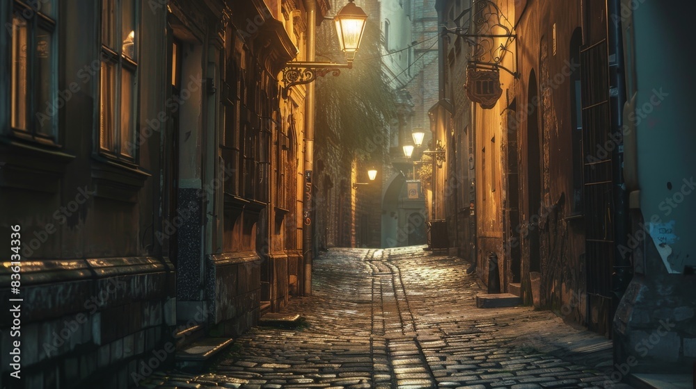 Fototapeta premium Nighttime view of an old, narrow European street illuminated by vintage street lamps, with cobblestone pavement and historic architecture.