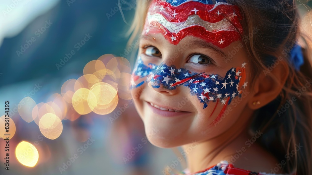 Child with American Flag Face Painting in Front of Majestic Mountain - Ideal for Family Ads Child with American Flag Face Painting in Front of Majestic Mountain - Ideal for Family Ads