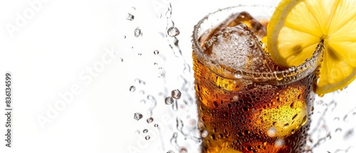 Refreshing glass of cola with ice cubes and a slice of lemon, splashes of soda creating a dynamic and thirst-quenching image. photo