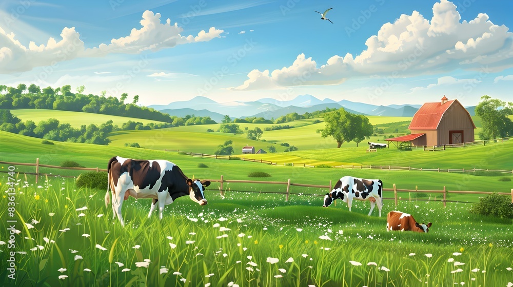 Fototapeta premium A farm with cows grazing