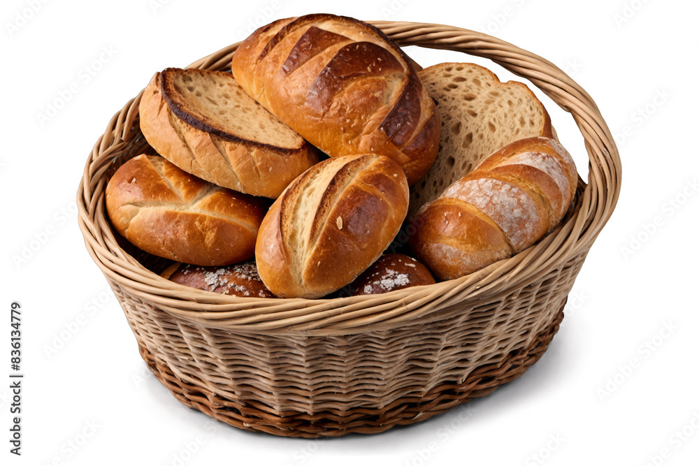 An assortment of delicious fresh bread varieties in a wicket basket with a transparent, white background, ideal as a png image An assortment of delicious fresh bread varieties in a wicket basket with a transparent, white background, ideal as a png image