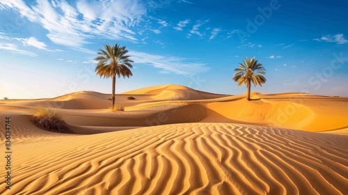 Scenic desert landscape with golden sand dunes  clear blue sky  and two solitary palm trees  showcasing the natural beauty and tranquility of the desert.