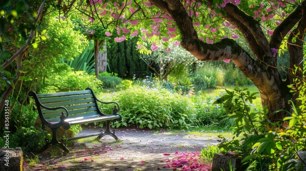 Serene garden scene with a wooden bench under a blooming tree, surrounded by lush greenery and vibrant flowers, inviting relaxation and tranquility.