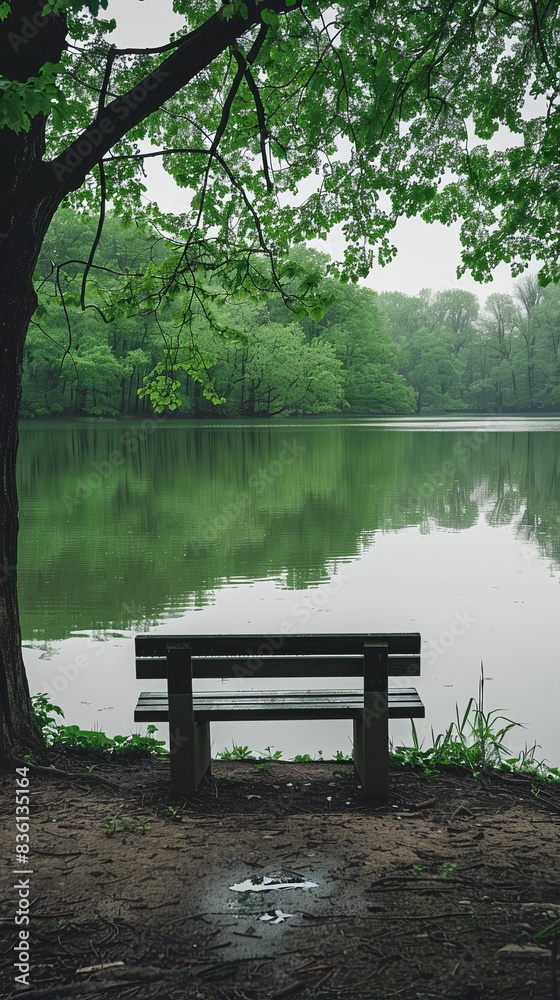 Serene lakeside view with an empty bench under lush green trees, reflecting calm and peace in a natural setting. Serene lakeside view with an empty bench under lush green trees, reflecting calm and peace in a natural setting.