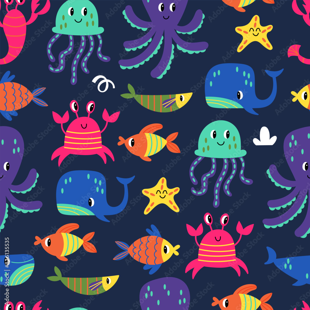 Summer seamless pattern design with cute under water animals and fish. Childish print for cards, wallpaper and background. Vector illustration Summer seamless pattern design with cute under water animals and fish. Childish print for cards, wallpaper and background. Vector illustration