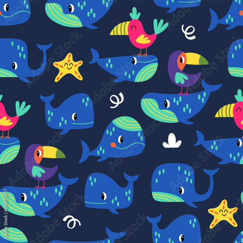 Summer seamless pattern design with cute under water whales. Childish print for cards, wallpaper and background. Vector illustration