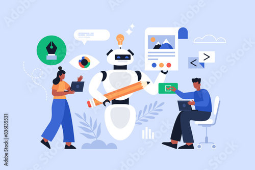 Artificial intelligence tool creating artwork and image business concept. Modern vector illustration of people using AI technology for web desihnand digital marketing