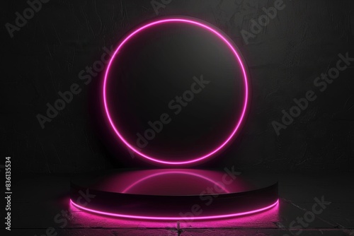 Black abstract scene with pink neon circle for cosmetic product presentation in neon party style.
