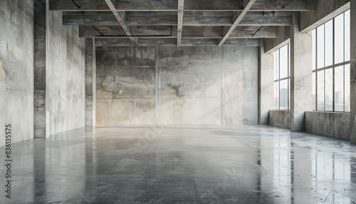 Spacious empty industrial loft with concrete walls, large windows, and reflective floor, bathed in natural light. Ideal for creative projects.