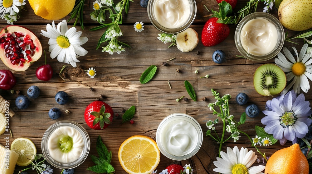 A close-up image showcasing natural skincare products surrounded by fresh fruits, herbs, and flowers. Generative AI A close-up image showcasing natural skincare products surrounded by fresh fruits, herbs, and flowers. Generative AI