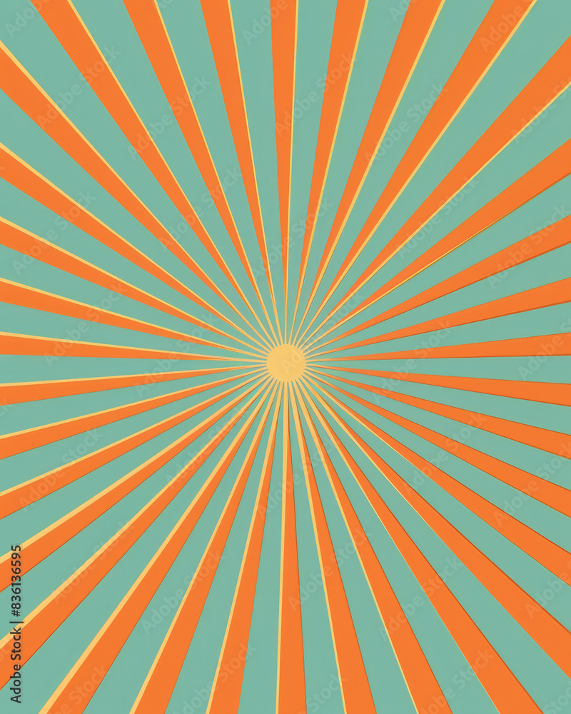 Obraz premium A retro sunburst pattern with orange and blue rays radiating from the centre, creating a vibrant and symmetrical abstract background.