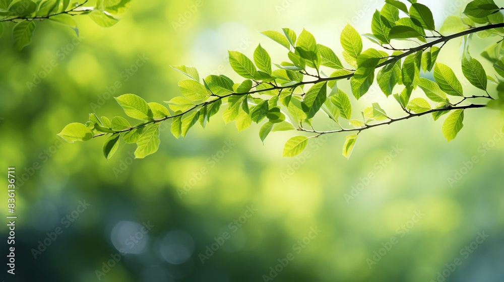 Spring leaves, delicate branches, bright green, defocused background, glowing bokeh Spring leaves, delicate branches, bright green, defocused background, glowing bokeh