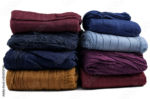 Piles of neatly folded diverse colored fabrics presented on a transparent, white background, png, suitable for design photo