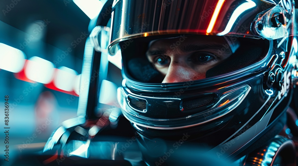 Focused Race Car Driver in Helmet Focused Race Car Driver in Helmet